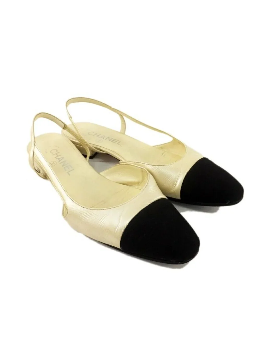 Chanel Ten Slingback Pumps Bicolor White Equivalent CC Logo Shoes 38.5